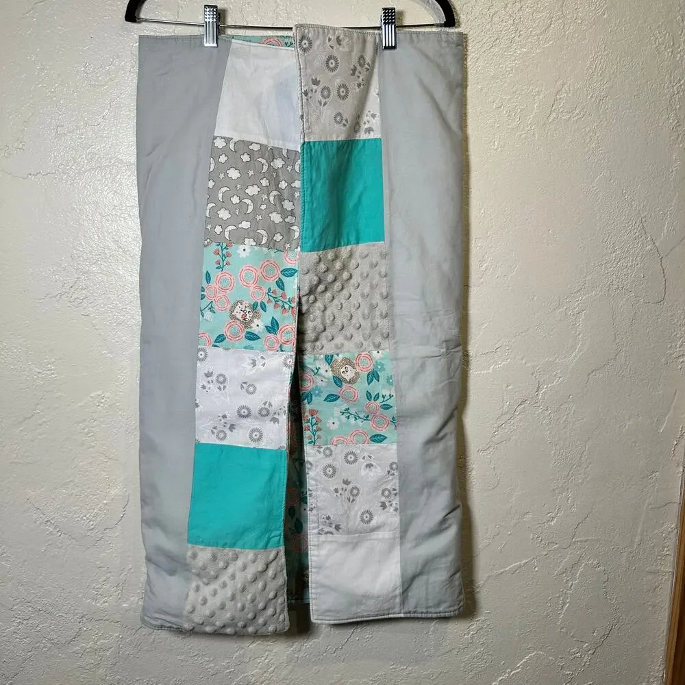 Handmade Baby Quilt 30 x 36 Hedgehog Floral Turquoise Pink Gray Original Gift